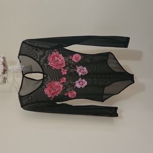 Charlotte Russe black M mesh sheer bodysuit flower applique